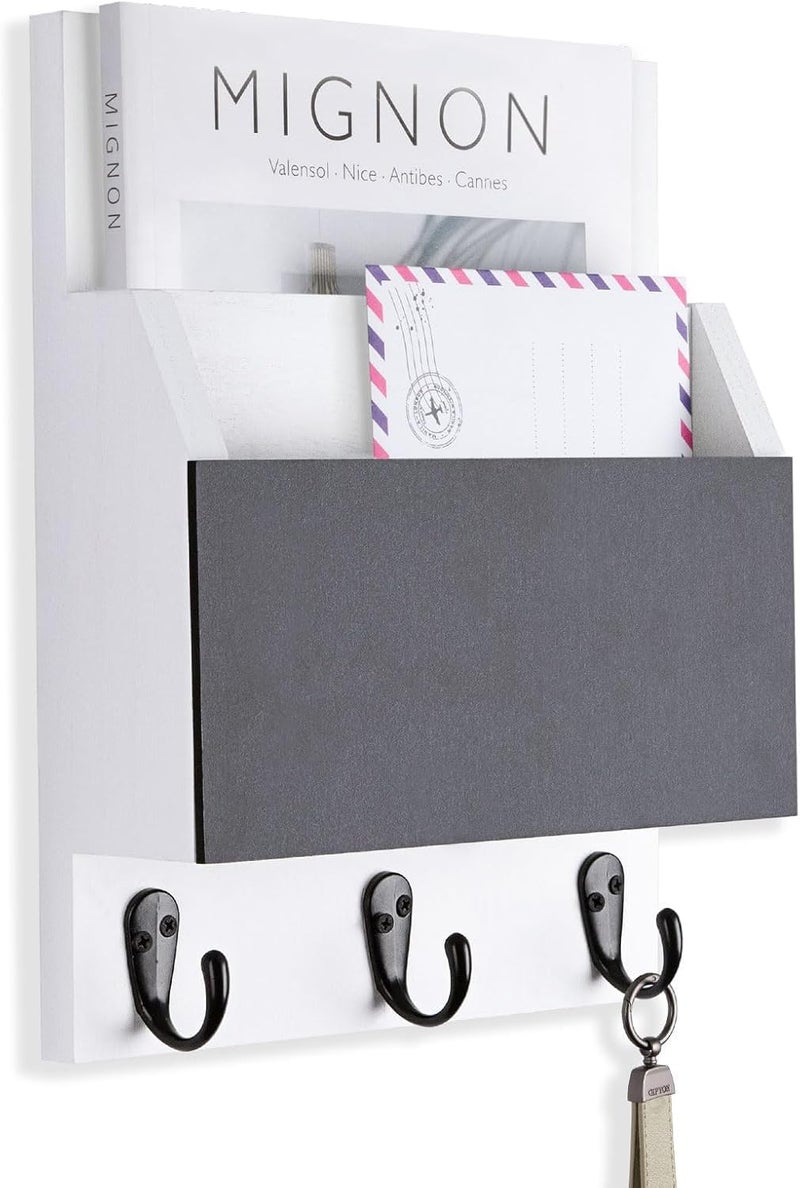 Lucundm Key and Mail Holder for Wall Mount, Entryway Mail Holder with 2 Slot, Key Holder with 3 Sturdy Hooks for Coat, Dog Leash, Decorative Key Rack (8.86”W x 11.42”H x 3”D) (White) - Image 1